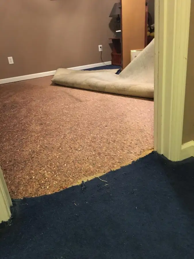 Carpet pad removal revealing water damage during Drying & Dehumidification in Scottdale